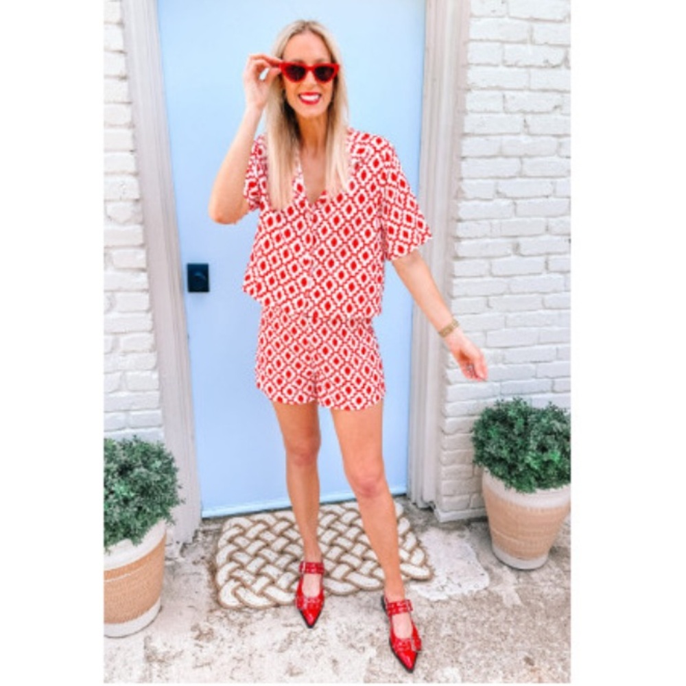 Shade & Shore Red and White Patterned Matching Short Set